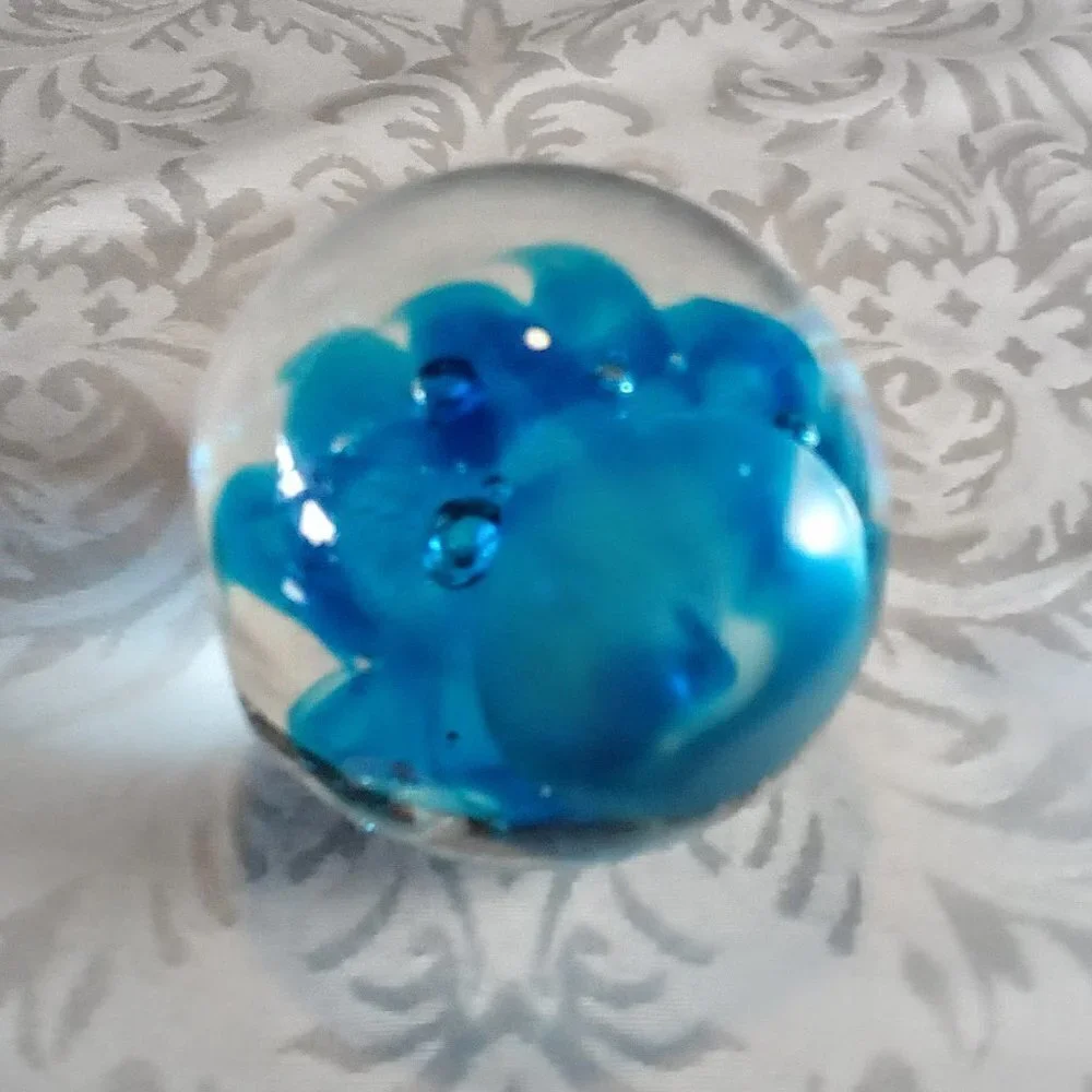 Dolphin Etched Blue Art Glass Bubble Paperweight